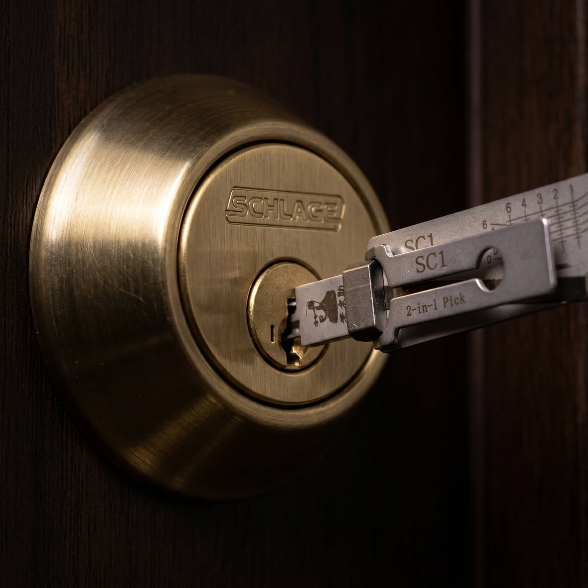 Prime Key SC1 inserted into a brass Schlage deadbolt cylinder during a locksmith demonstration